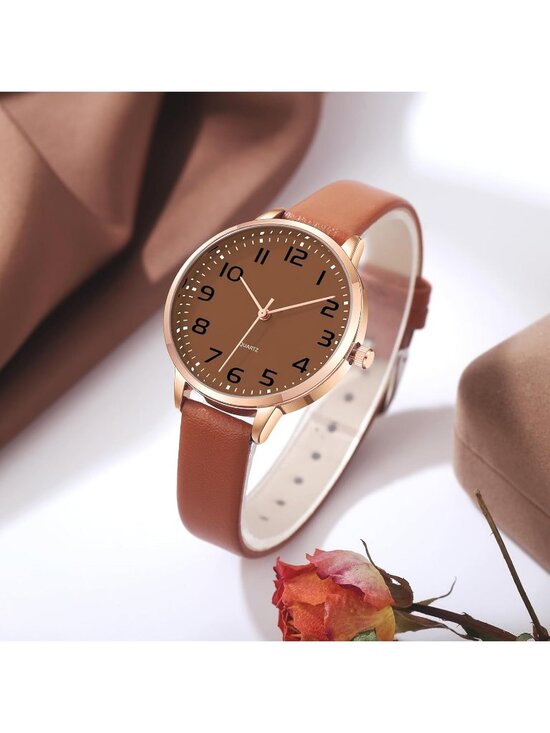 Womens All Brown Analog Case Quartz Fashion Leather Mesh Strap Round Wrist Watch